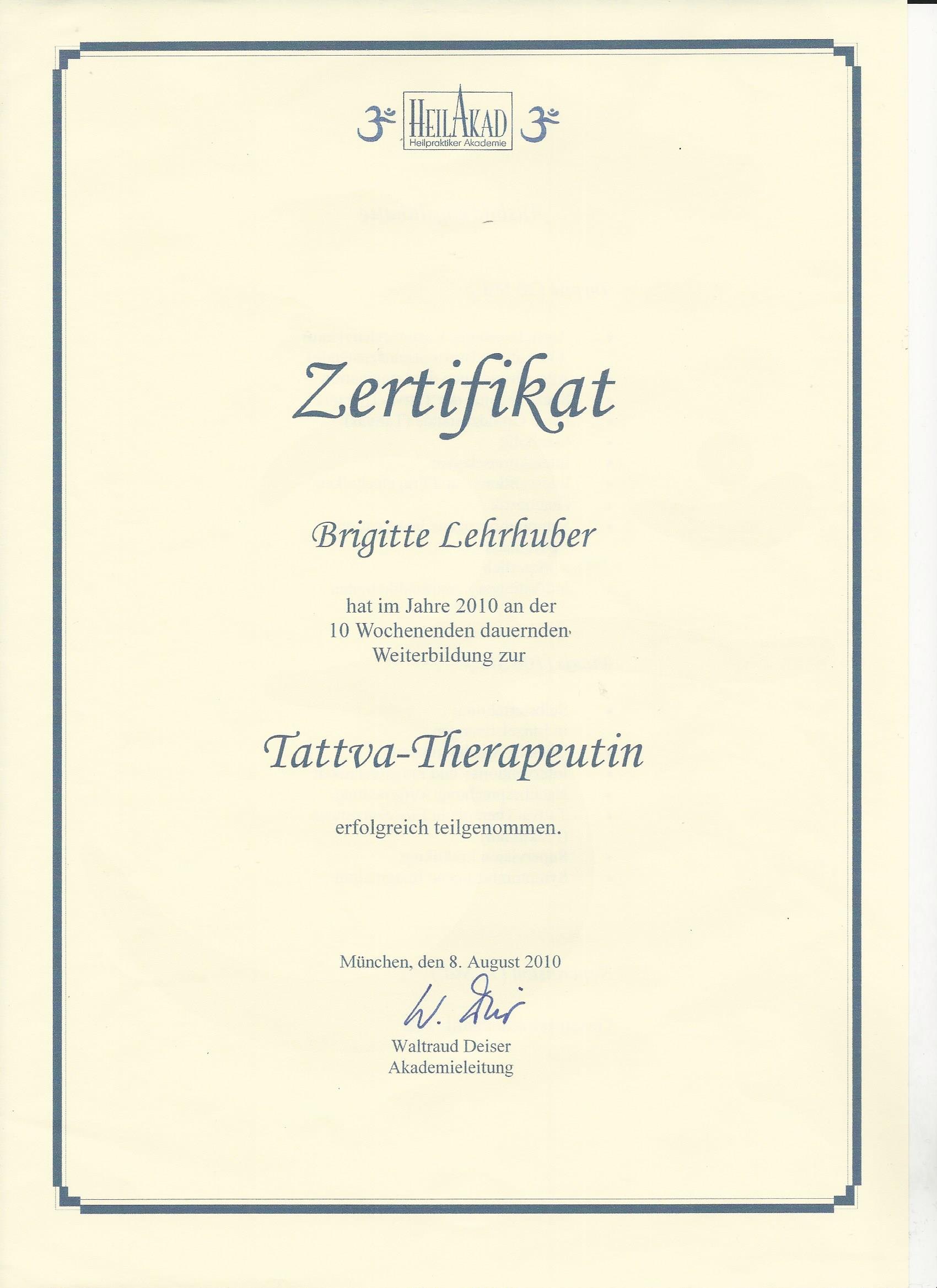 Tattva-Thrapeutin Zertifikat